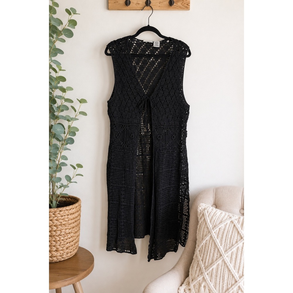White Stag Black Open Crochet Duster Vest XL Boho Festival Western Rodeo Layer‎